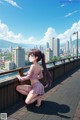 A girl in a pink dress sitting on a ledge overlooking a city.