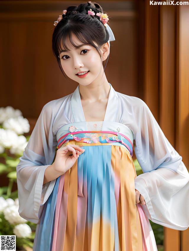 A woman wearing a colorful hanbok standing in front of a window.