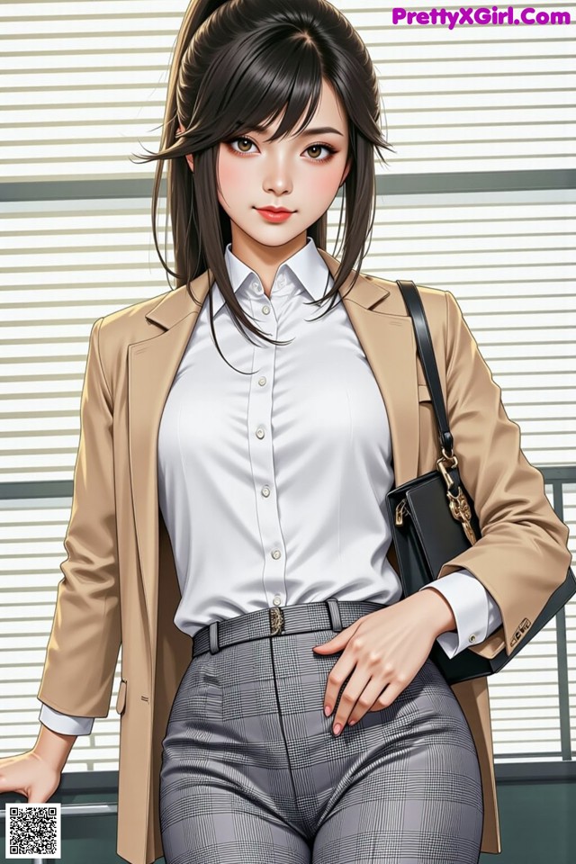 A woman in a white shirt and a beige jacket is posing for a picture.
