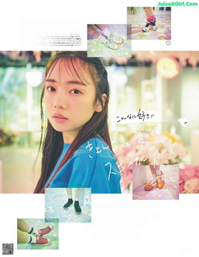 A magazine page with a picture of a girl in a blue shirt.