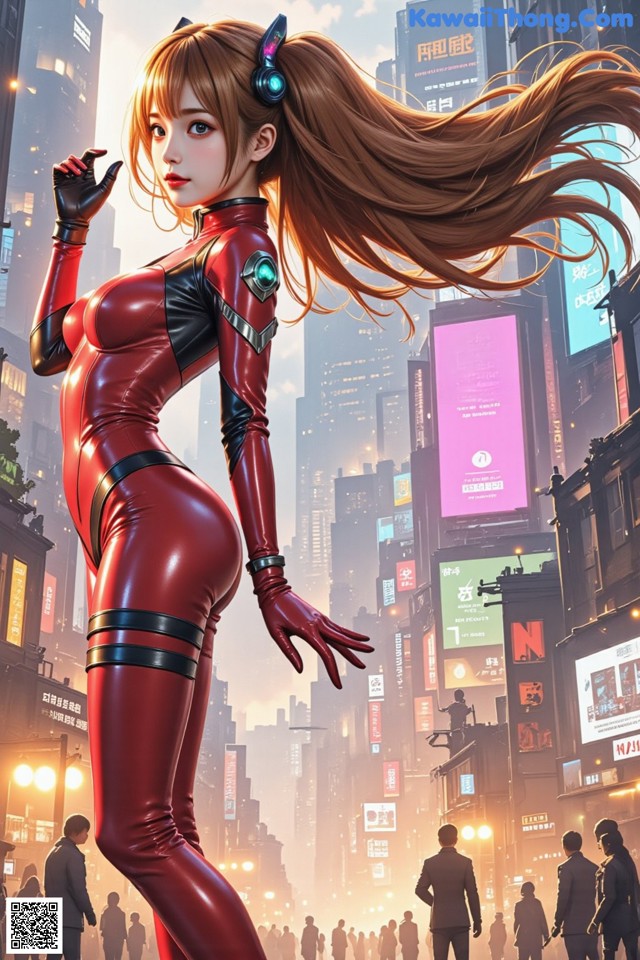 A woman in a red and black outfit standing in the middle of a city.